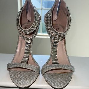 Sparkling and jeweled open toe heels